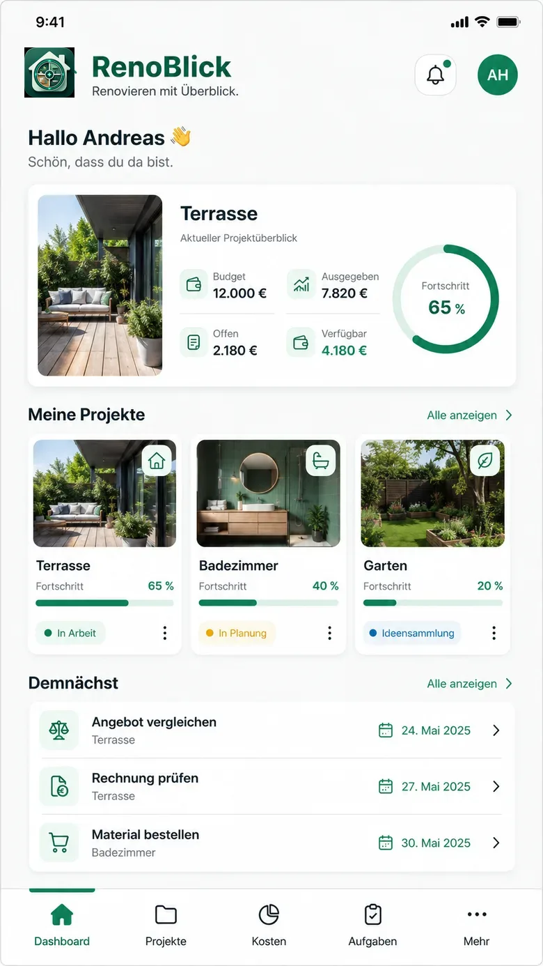 RenoBlick Dashboard mit Projekt-, Budget- und Aufgabenübersicht