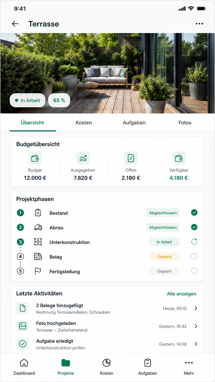RenoBlick Projektübersicht mit Budget und Projektphasen